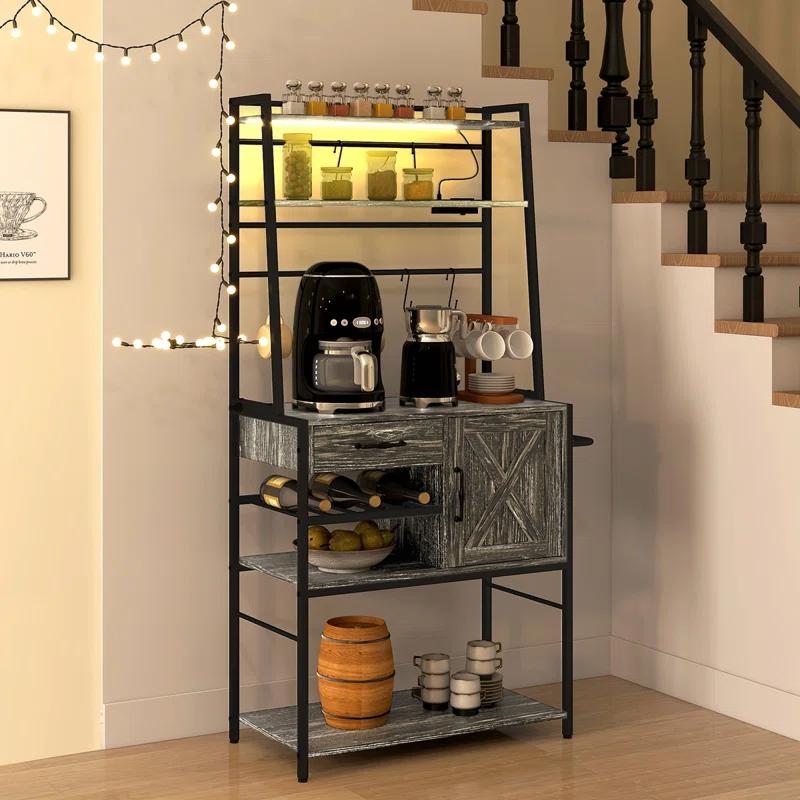 Baker's Rack With Power Outlet And LED Lights, Coffee Bar With Storage Shelves, Industrial Microwave Stand With Wine Bottle Rack