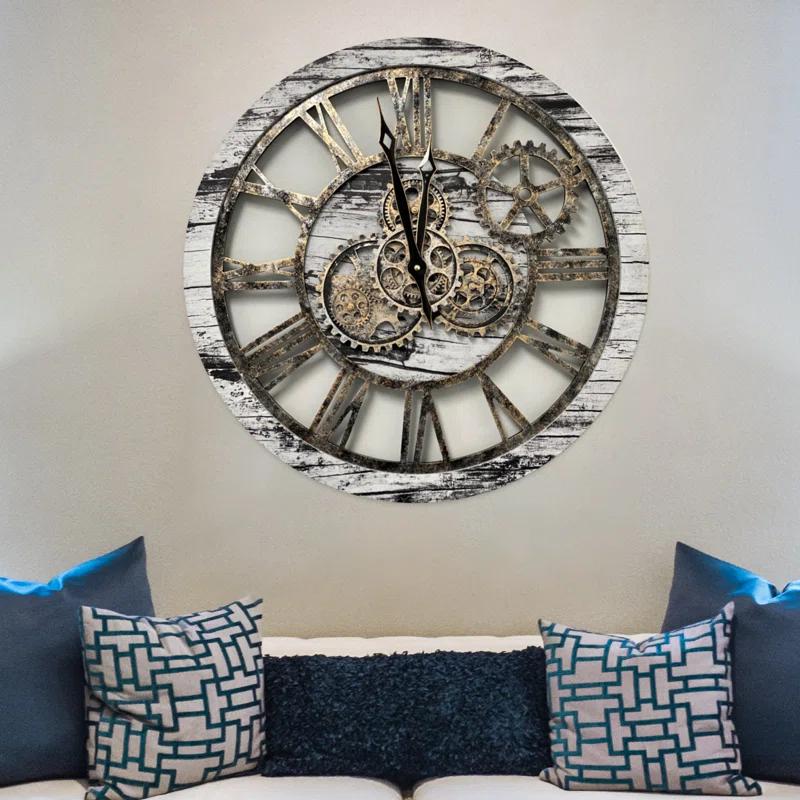 Wall Clock 24" Round Oversized for Living Room decor with Real Moving Gears America Collection