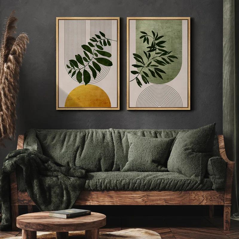 Mid Century Modern Boho Green Yellow Bright Plant Art Framed Canvas 2 Pieces Print  Wall Art Set