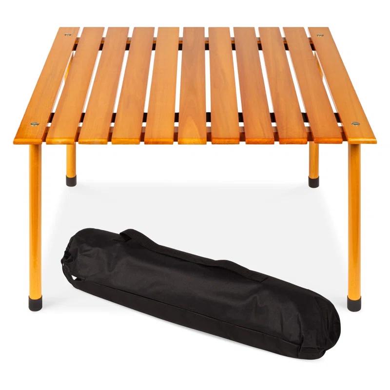 KIBNOF Best Choice Products 28x28in Foldable Indoor Outdoor All-Purpose Portable Wooden Table for Picnics, Camping, Beach, Tailgating, Patio, Kitchen, Living Room w/Carrying Case - Brown