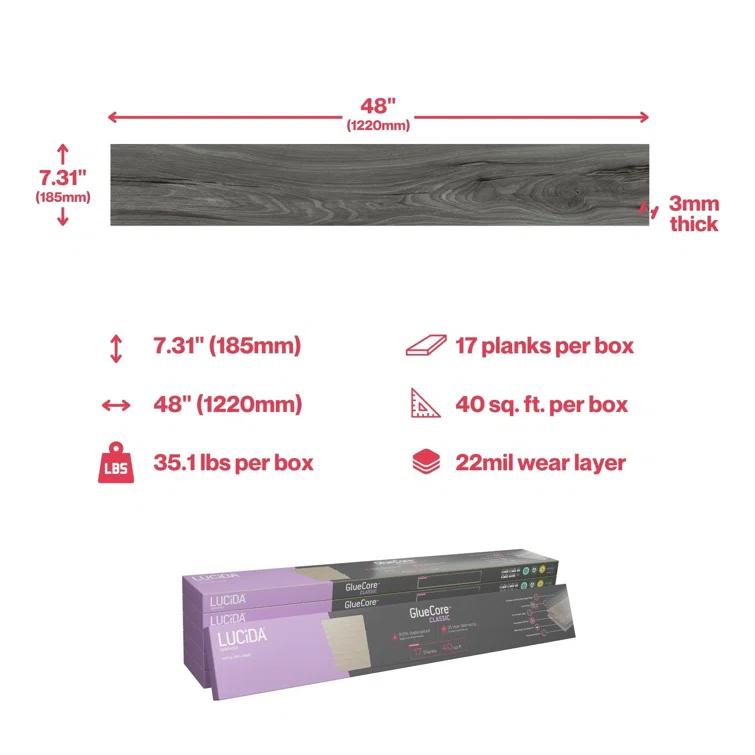 Lucida USA GlueCore Classic 22mil x 7.3" W x 48" L Glue Down Vinyl Tile Flooring