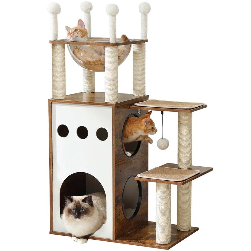 Ivy Bronx Modern Cat Tree Cat Tower With 2-Floor Condo, Scratching Posts, Capsule Nest & Dangling Balls