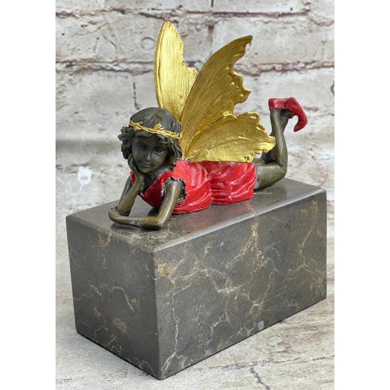 Trinx Kachri Colorful Resting Fairy Girl Child Bronze Metal Figurine Sculpture On Marble Base