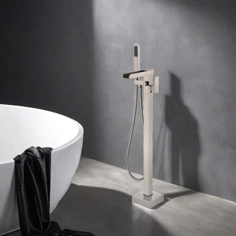 AlenArtWater Waterfall Tub Filler Freestanding Bathtub Faucet Floor Mount Brass Single Handle Bathroom Faucets with Hand Shower 93-LJQKCZ
