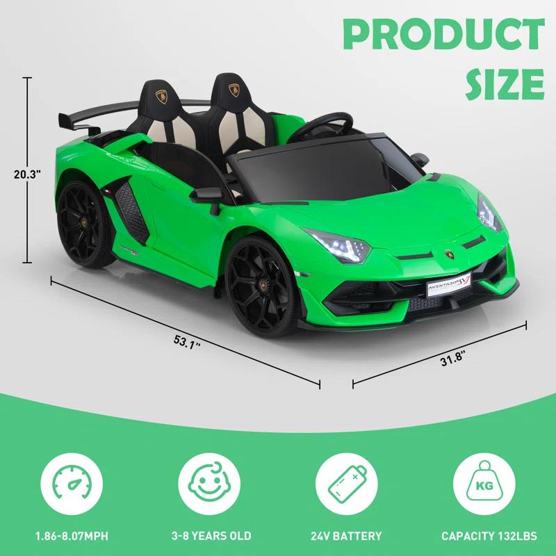 Tobbi 24V Lamborghini 2-seater Battery Powered Ride on with High/Low speed switch, Slow start function, Battery level display, MP3, USB, Light Drift Car for Kids 3-8