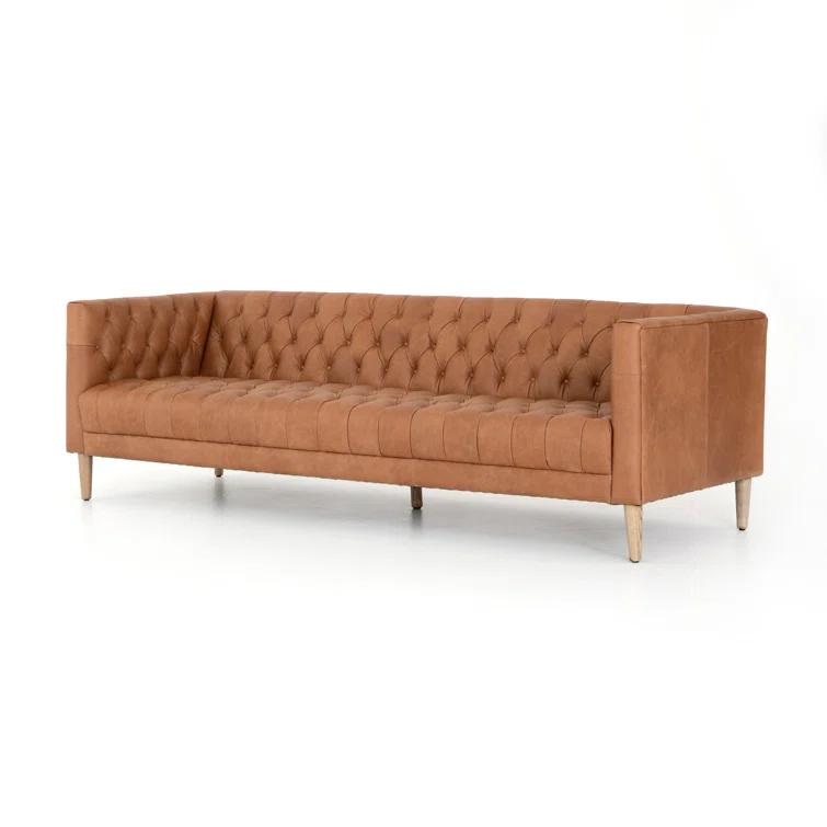 Rollins 90" Natural Washed Camel Leather Button Tufted Sofa