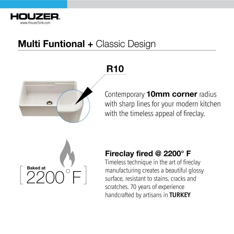 Houzer CHE-3320SAW WH-C Houzer 33 in White Fireclay Single Farmhouse Dual Level Workstation & Accessories-CHE-3320SAW-WH-C