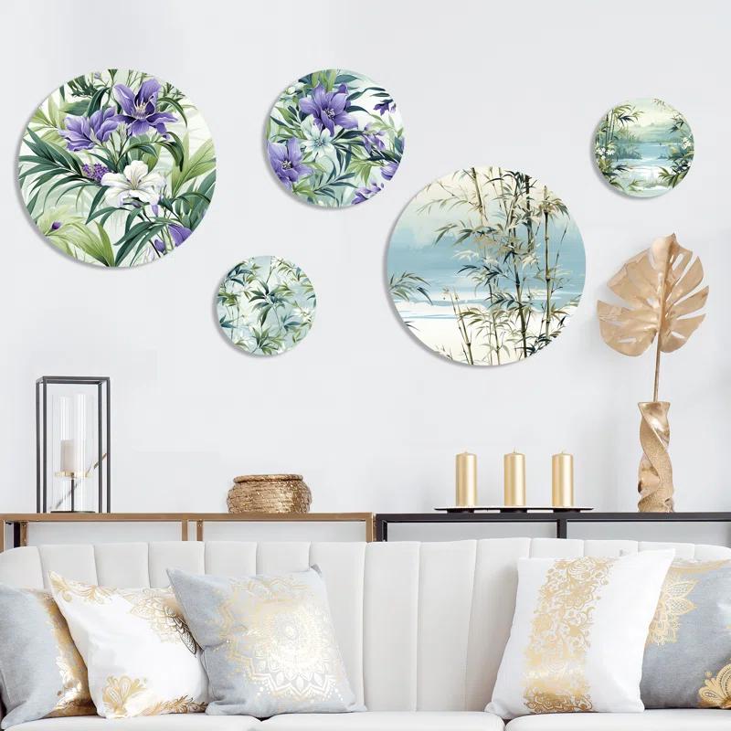 Design Art Green Purple Bamboo Serenade Tropical Pattern I - Floral Tropical Round Wall Art Set Of 5