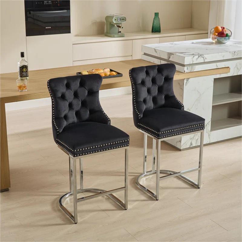 Rosdorf Park 25" Counter Height Bar Stools Set Of 2, Modern Velvet Barstools With Button Back&Rivet Trim Upholstered Kitchen Island Chairs With Sturdy Chromed Metal Base Legs Farmhouse Bar Stools,