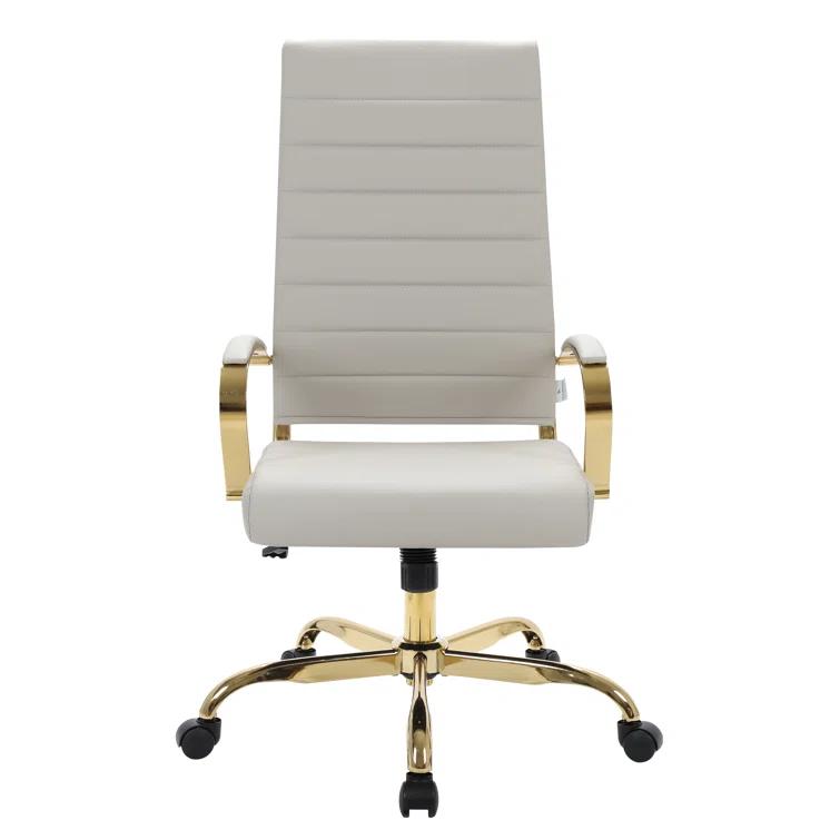 Everly Quinn Humairaa Leather Office Chair – Executive Task Chair with Swivel, Adjustable Height & Gold Base for Home Office or Conference Room