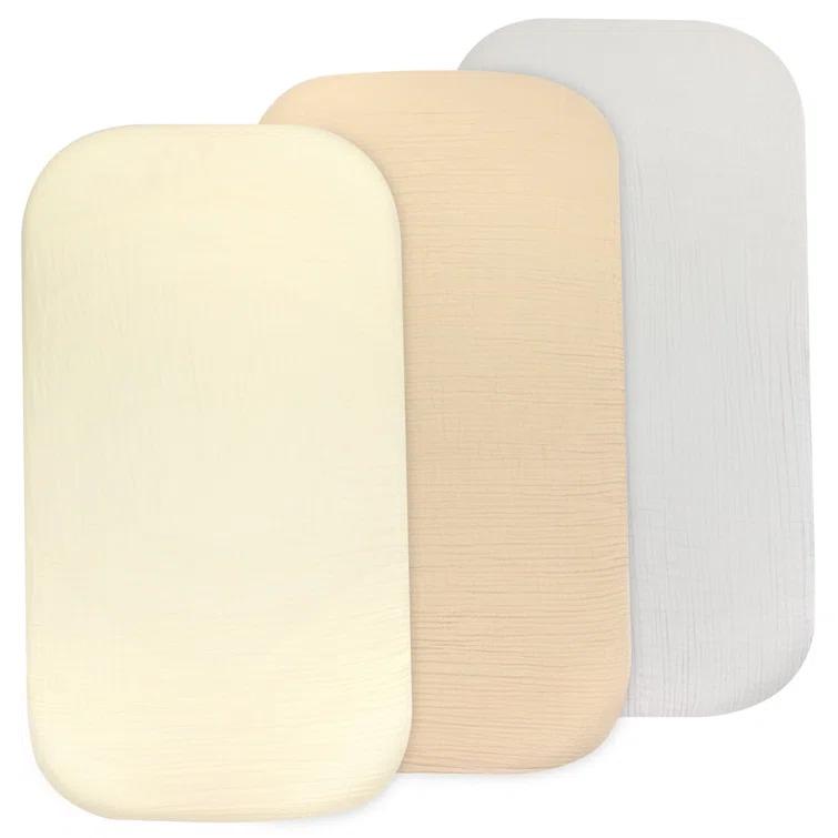 Bublo Baby Baby Muslin Bassinet Sheet Set, 3 Pack Organic Cotton Universal Fitted Bedding Cover for Oval, Hourglass & Rectangle Bassinet Mattress, Fitted Sheets Size 32 x 16 x 4 Inches