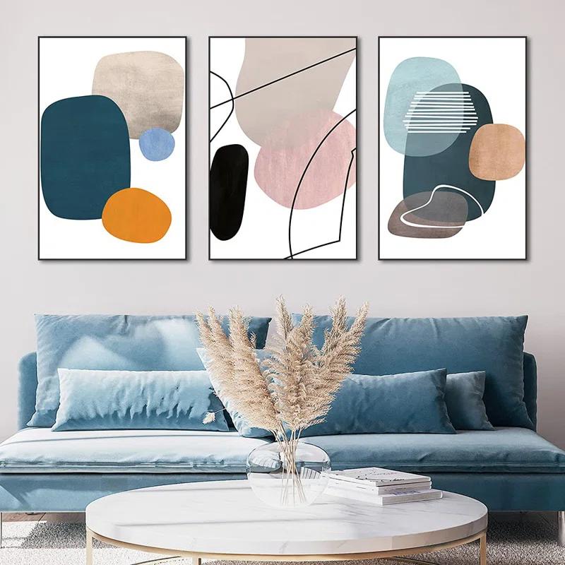 Ivy Bronx Wall Art 3 Pieces Of Framed Decorative Paintings Abstract Simple Orange White Blue And Other Color Blocks Wall Art Canvas Prints Home Decoration