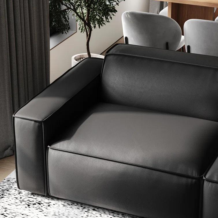 Hokku Designs Hamall Valencia Nathan Full Aniline Leather Modular Sofa With Down Feather, Three Seats, Black Color