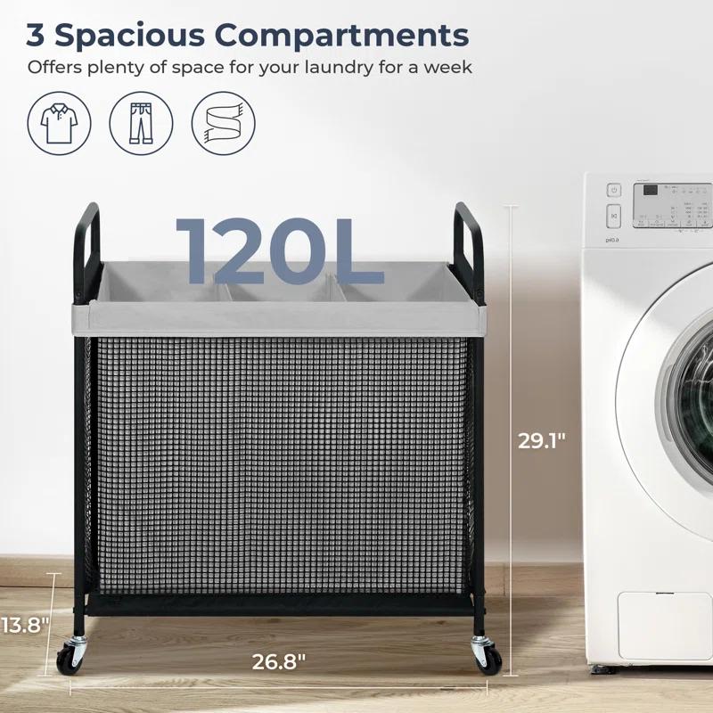 Latitude Run® Laundry Hamper 3 Section, 120L Rolling Laundry Sorter Cart With Removable And Washable Liner Bag, Rolling Clothes Hamper With Metal Handle For Laundry Room And Bedroom,