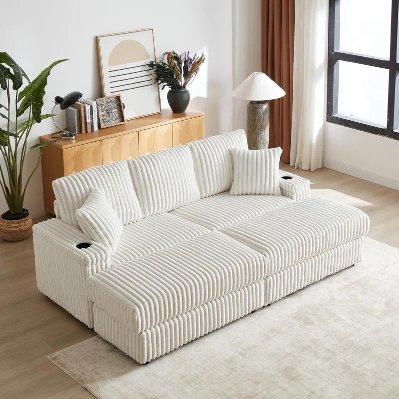 YOPENG 84Inch Corduroy 3-Seater Sofa With 3 Back Pillows ,2 Toss Pillows , A Ottoman ,2Storage Spaces And Cup-Holding Grooves Comfy Sofa- Deep Seat Couch For Living Room