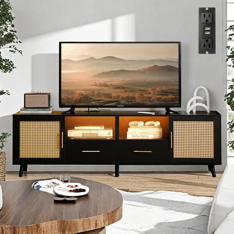 Bay Isle Home™ Heyer Large Wood Rattan TV Stand for TVs up to 75" with LED Light and Charging Station, Coastal Media Console Table, Multimedia Storage Furniture with 2 Drawers, Lighting TV Cabinet