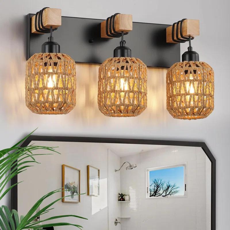 BEAUTY DEPOT Rustic Wood Bathroom Vanity Light Fixture With Boho Wicker Lampshade, 3-Light Farmhouse Wall Sconce For Bedroom, Hallway, Living Room, Black Rattan Design