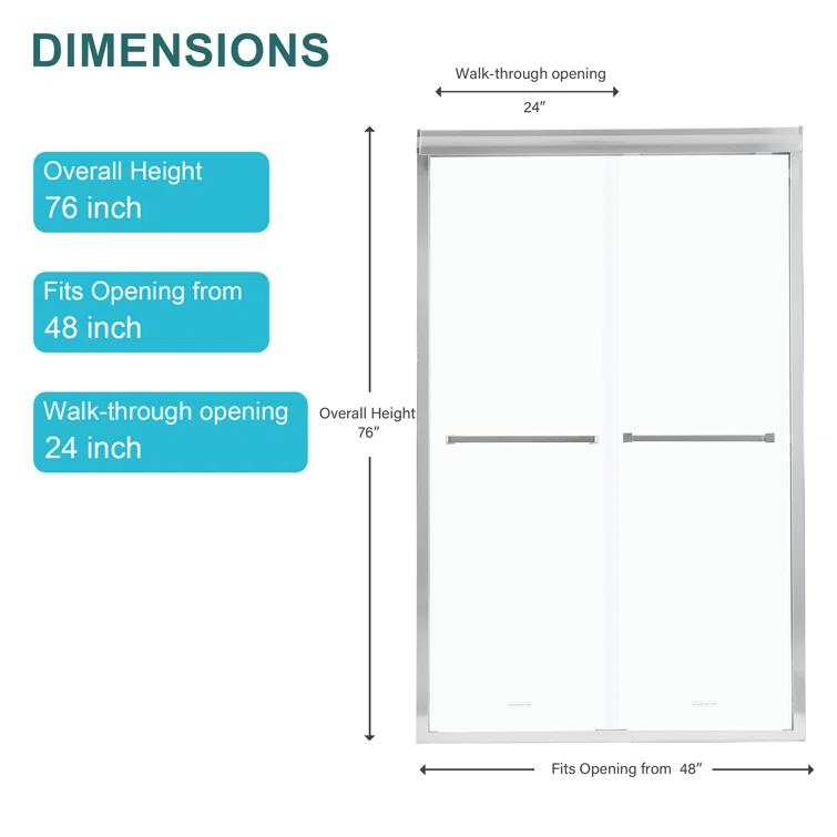 Shower Door 48" W X 76"H Semi-Frameless Bypass Sliding Shower Enclosure