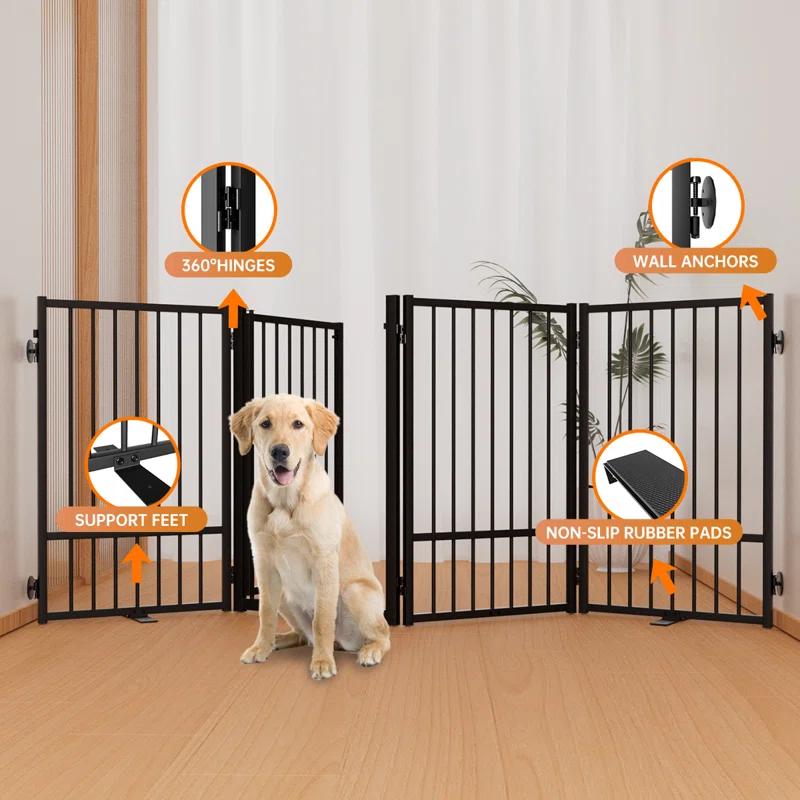 Full Matel Freestanding Dog Gate With Door, 32 Inch Height Foldable Pet Dog Fence Extra Wide Free Standing Small Dog Gates For Doorways,House,Stairs,Porch,Deck,Yard