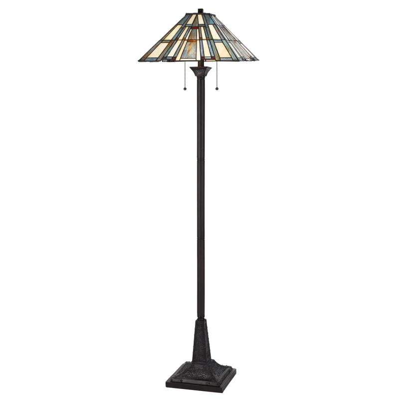 HomeRoots 62" Bronze Two Light Traditional Shaped Floor Lamp With Gray and Ivory Abstract Tiffany Glass Empire Shade