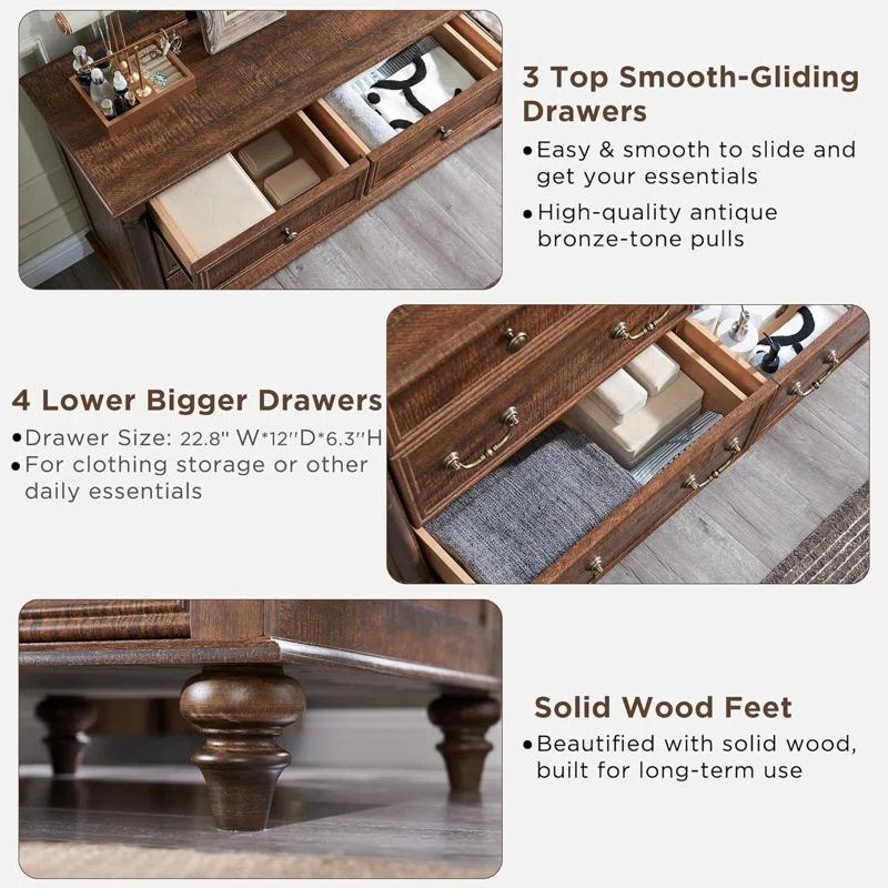 OKD Ojaswi Farmhouse 7 - Drawer Dresser, Wood Rustic Dresser Chest of Drawers with 2 Size Drawers for Bedroom, Living Room