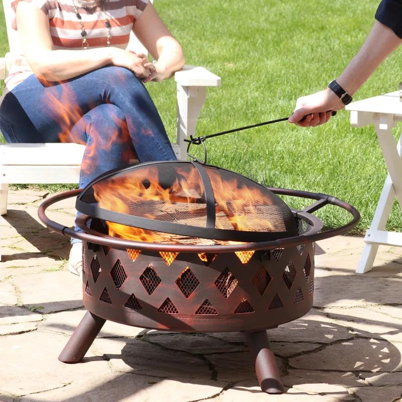 Alcott Hill® Mast Round Wood-Burning Bronze Finish Crossweave Fire Pit with Screen and Poker