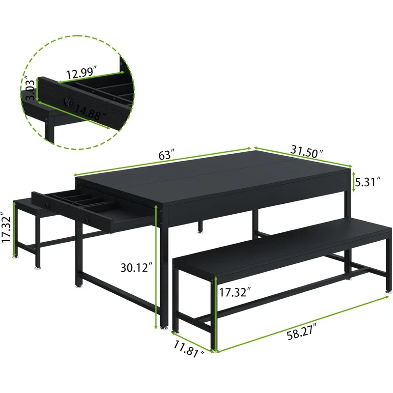 17 Stories Zubie 63"Dining Table Set for 4-6, 3-Piece Kitchen Table with 2 Utensil Drawers,2 Benches&Wine Rack