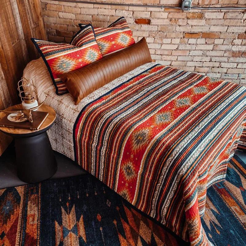 Paseo Road by HiEnd Accents Del Sol Red/Orange/Tan Aztec Print Cotton Southwestern Style Reversible Quilt Set