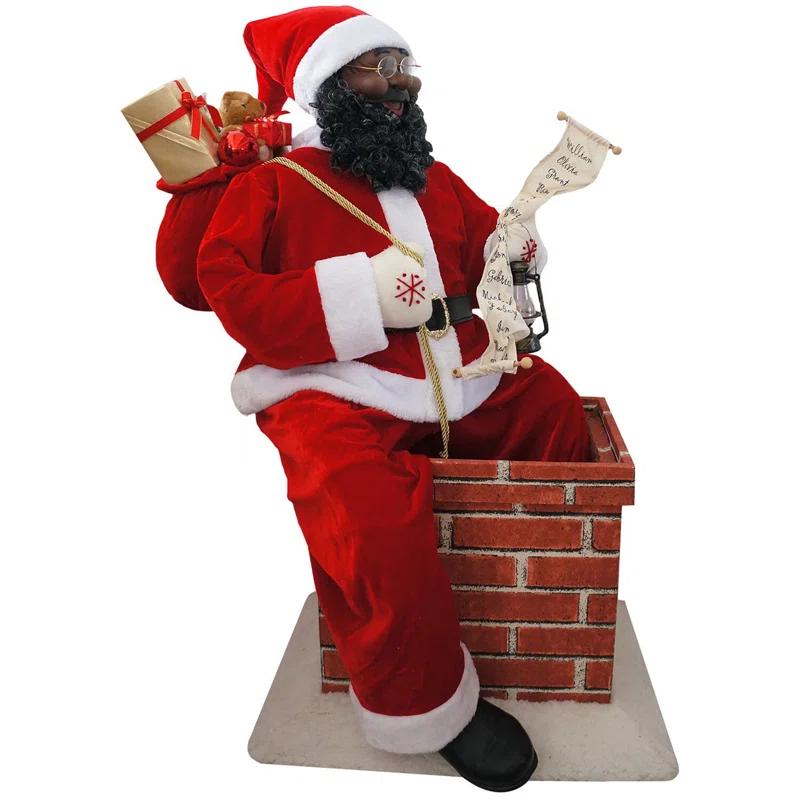 Fraser Hill Farm 48" Music and Motion African American Santa Claus in the Chimney, Life-Size Christmas Holiday Indoor Home Decor