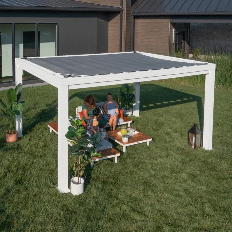 Backyard Discovery Backyard Discovery Windham 14' x 10' Modern Galvanized Steel Outdoor Patio Pergola Kit with Shade Sail Canopy and PowerPort