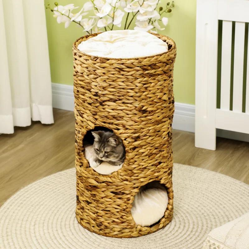 Ophelia & Co. Elevated Cat Bed With Three Hideaways & Four Soft Plush Cushions, Cat Tower With Hand-Woven Materials, Multi-Layer Raised Kitten Bed Caves