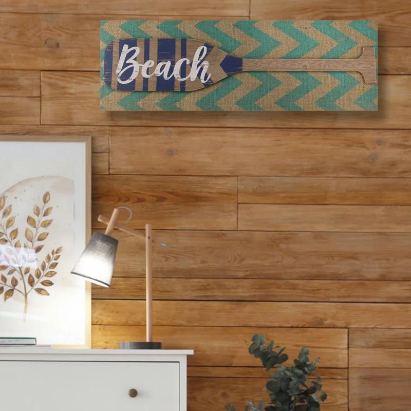 Northlight Seasonal Aqua Blue Chevron Burlap with “Beach" Wood Look Oar Linen Wall Art 24"