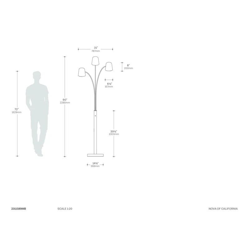 Nova of California Culver 3 Light Arc Floor Lamp - 86", Matte Black & Weathered Brass, Dimmer Switch