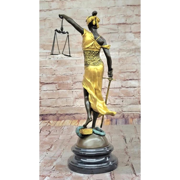 Red Barrel Studio® Blind Lady of Justice Themis Bronze Statue Sculpture Law Attorney Art Gift Gold Patina