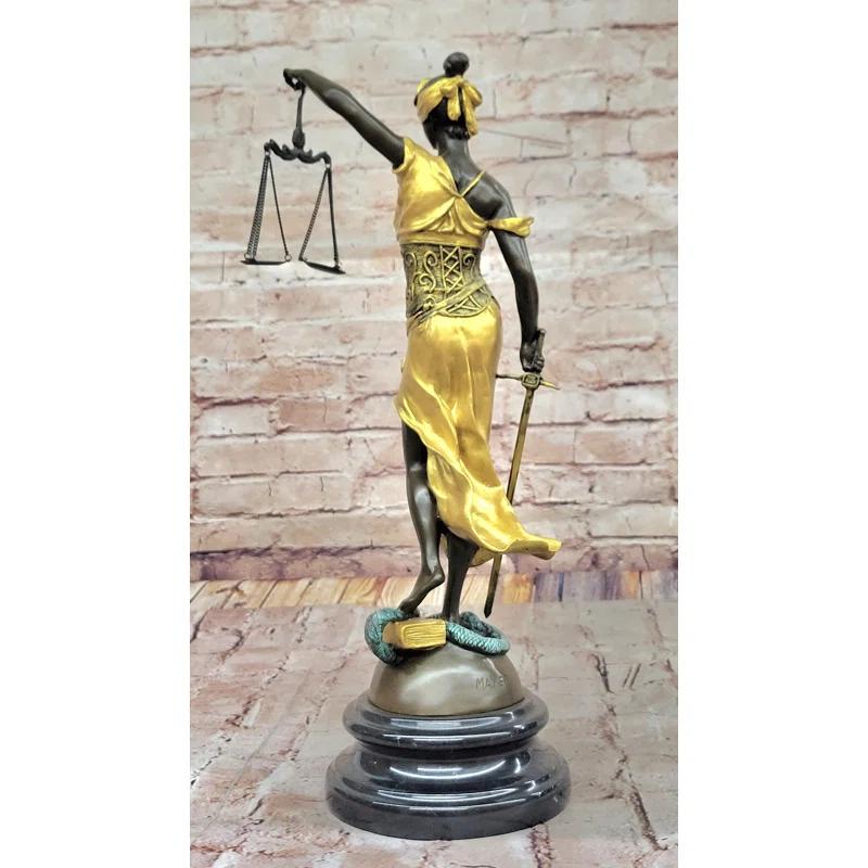 Red Barrel Studio® Blind Lady of Justice Themis Bronze Statue Sculpture Law Attorney Art Gift Gold Patina
