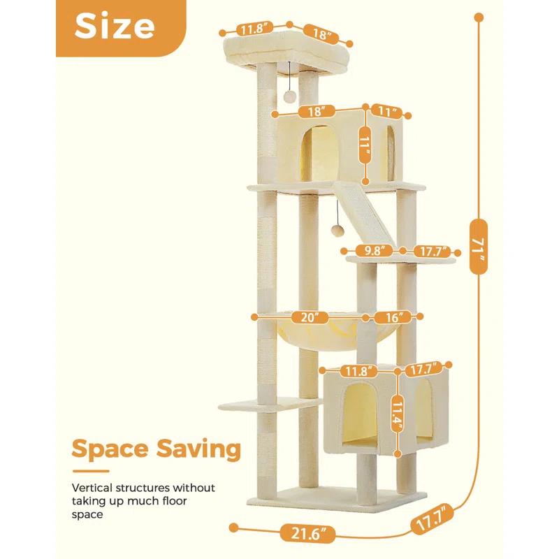 71" Indoor Tall Large Cat Tree Multi-Level Cat House With 2 Big Condo Pad Bed, Cozy Hammock And Scratching Posts