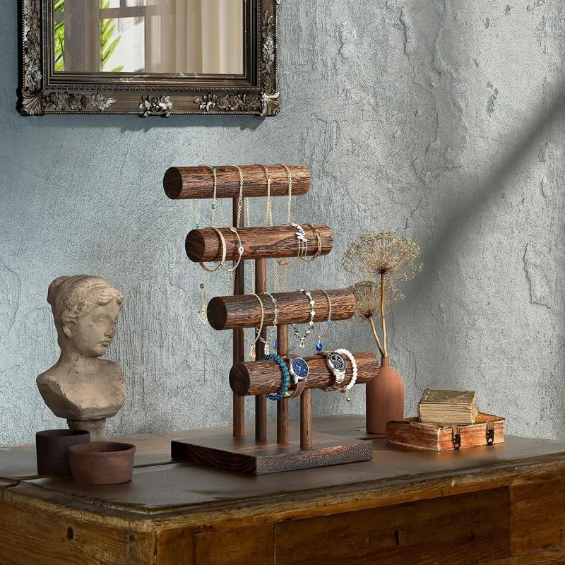 Gracie Oaks Bracelet Holder Display Bracelet Organizer, Wooden Bracelet Stand For Selling, T-Bar Bangle Storage Rack Wood Watch Display Tower For Business - 4 Tier, Brown | Wayfair