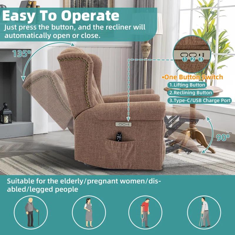 MEETWARM Meetwarm Power Swivel Rocking Glider Recliner Chair With Heat And Vibration, Electric Rocker Nursery Reclining Chair, Wingback Tufted Upholstered Recliner For Living Room, Type-C & Usb Ports