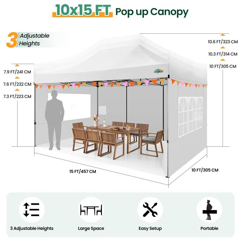 Cobizi 10x15 Heavy Duty Pop up Canopy Tent with 4 sidewalls Commercial Outdoor Canopy Wedding Party Tents for Wedding All Season Wind & Waterproof Gazebo with Carry Bag, Black(Frame Thickened)