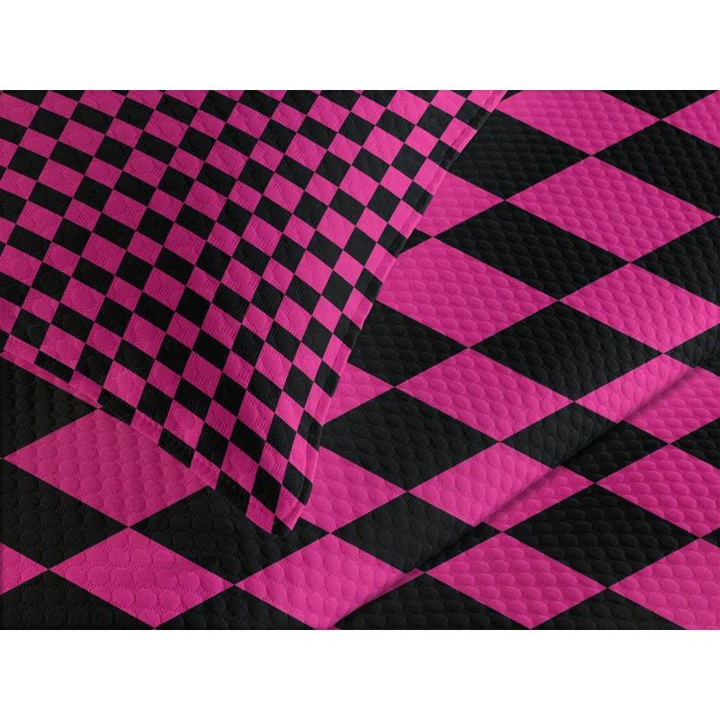 Ambesonne Ambesonne Hot Pink Bedspread Set Gingham Checks Vibrant Magenta Black