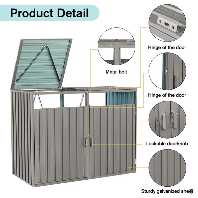 KAQCVIN Garbage Bin Shed Stores 2 Trash Cans Metal Outdoor Bin Shed