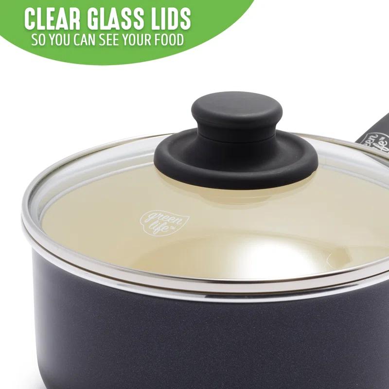 GreenLife GreenLife Soft Grip Healthy Ceramic Nonstick, 1QT And 2QT Saucepan Pot Set With Lids, Dishwasher Safe