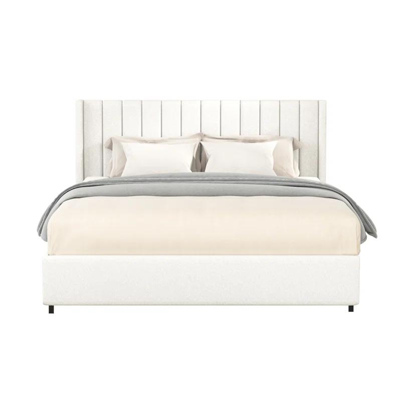 Latitude Run® Queen Size Ivory Boucle Bed Frame, Upholstered Platform Bed With 4 Drawers Storage, Tufted Headboard, Wooden Slat Mattress Support, No Box Spring Needed