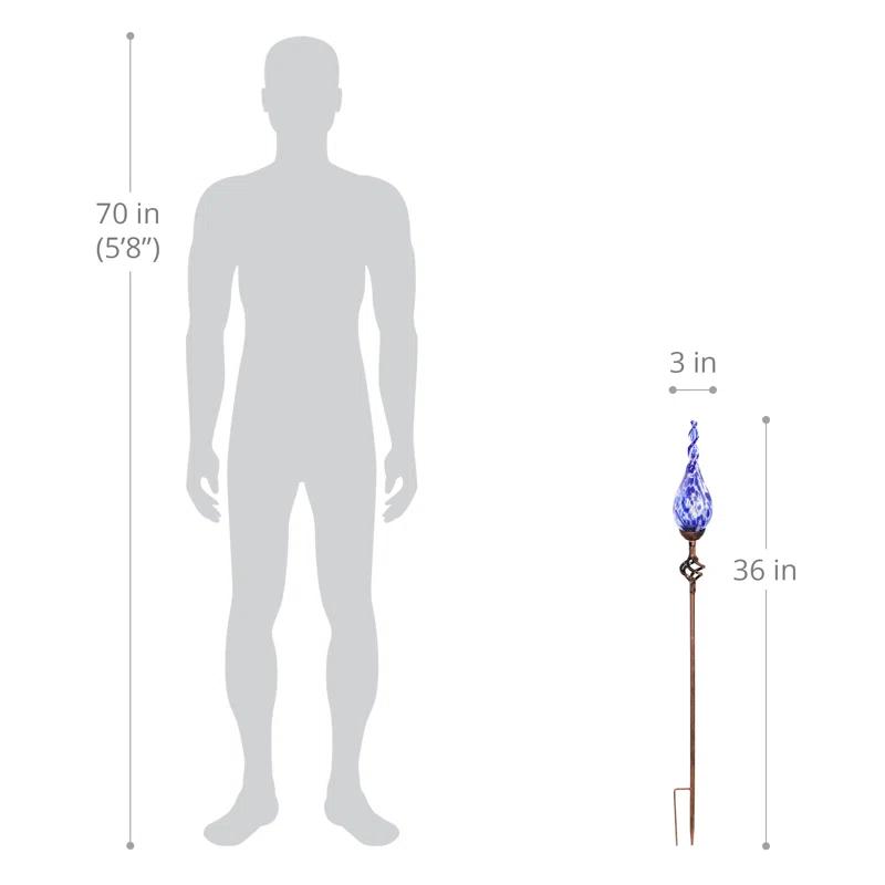 Exhart Exhart Solar Pearlized Hand Blown Glass Twisted Flame Garden Stake with Metal Finial Detail, 36 Inch