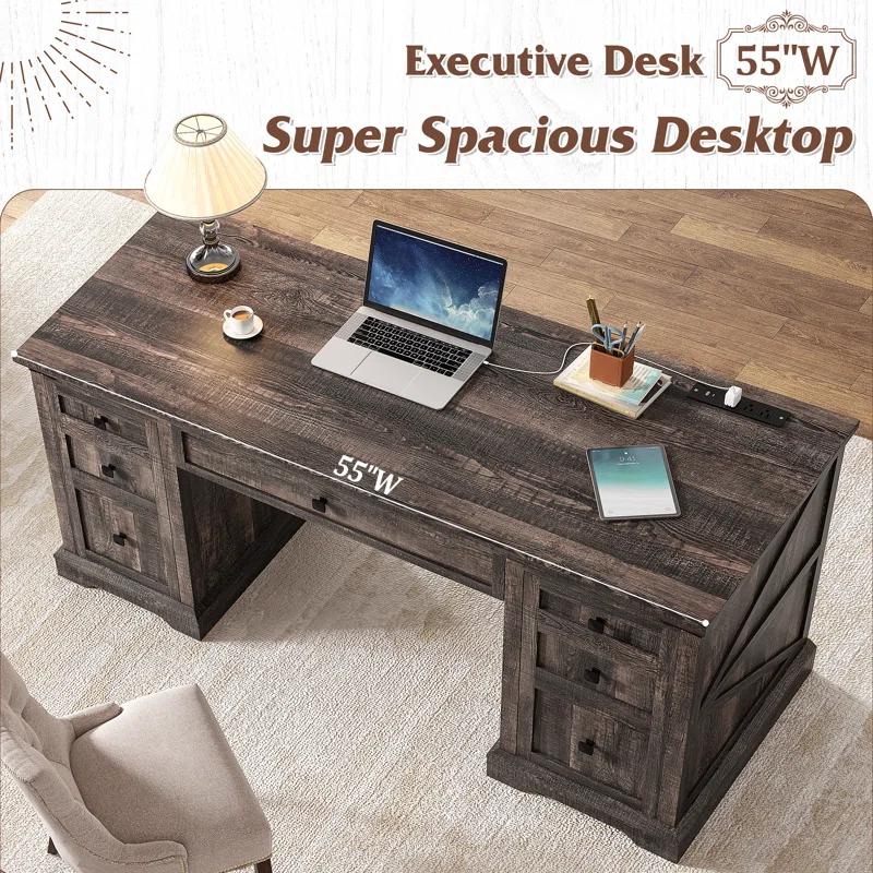 August Grove® 55'' W Computer Desk With Outlet, Farmhouse Executive Desk With 7 Drawers For Office Home