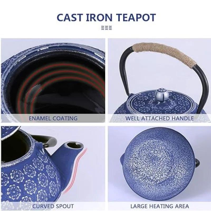 Darby Home Co Blue Floral Japanese Cast Iron Teapot Set with 4 Cups