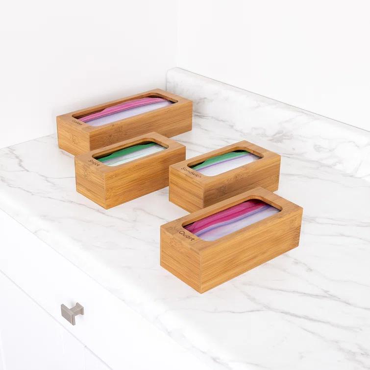 Seville Classics Bamboo Ziplock Food Storage Bag Dispenser (Set of 4)