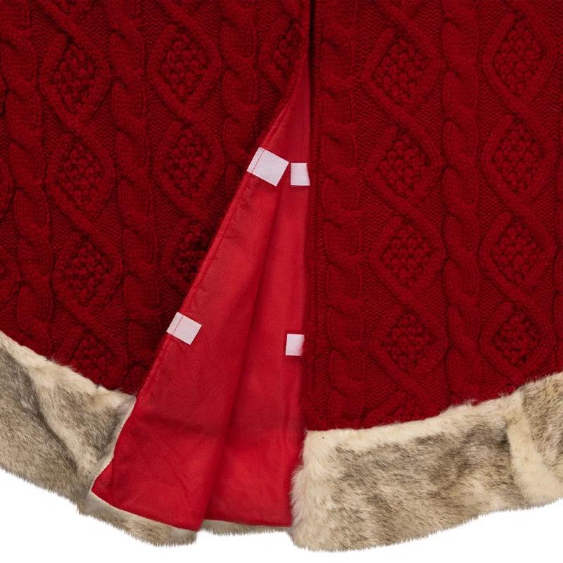 Northlight Seasonal Cable Knit Christmas Tree Skirt With Faux Fur Trim- 48" - Red