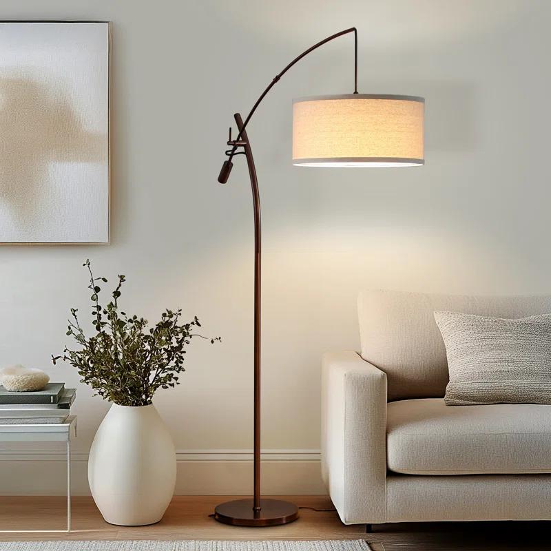 Brightech Grayson 84" Mid-Century Modern Height-Adjustable LED Arc Floor Lamp with Bronze Finish and Beige Cotton Fabric Drum Shade, Bulb Included