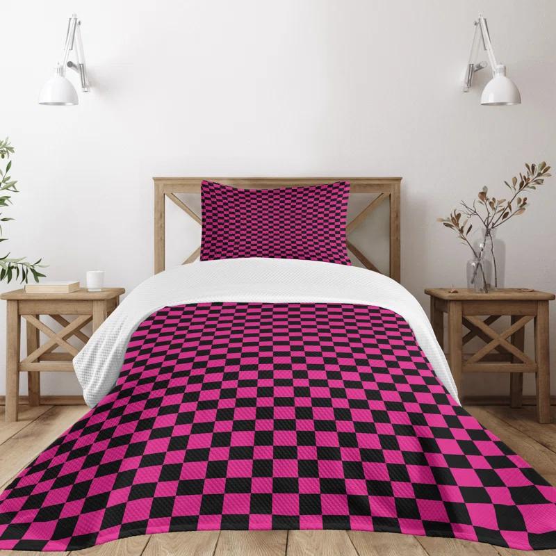 Ambesonne Ambesonne Hot Pink Bedspread Set Gingham Checks Vibrant Magenta Black